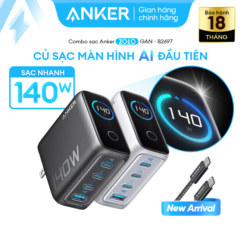 [Phù hợp iP18] Bộ sạc nhanh Anker ZoLo 140W 4 cổng | Sạc nhanh laptop, iPhone | 3 USB-C & 1 USB-A sạc 4 thiết bị - B2697