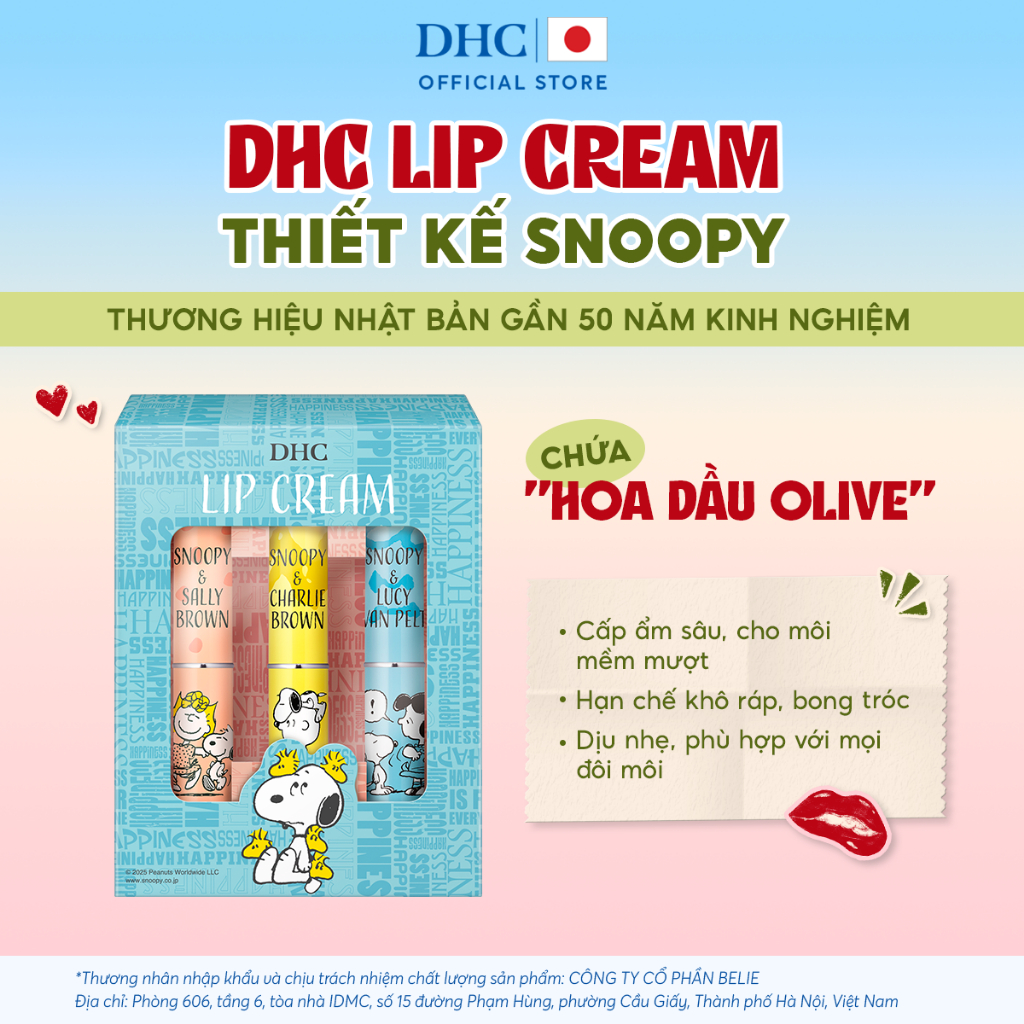 [SVIP] [Thiết kế Snoopy] Combo 3 Thỏi Son dưỡng môi DHC Lip Cream dưỡng ẩm, làm mềm môi