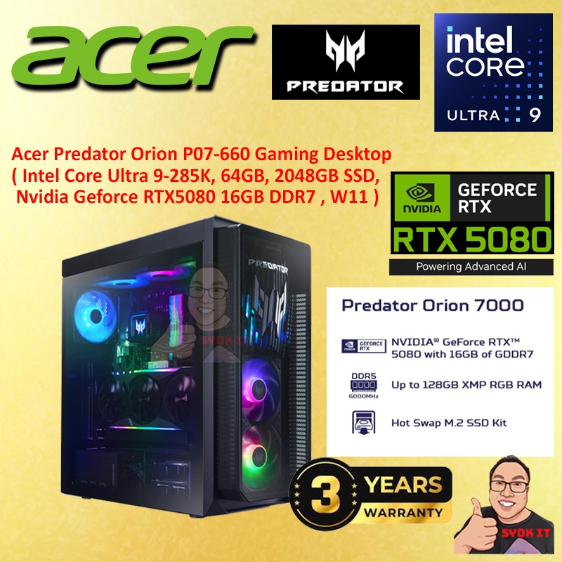 #STOCK CLEARANCE Acer Predator Orion 7000 PO7-660-285W11 Gaming Desktop Intel CU9-285K 64GB DDR5 2TB RTX5080 RTX 5080 PC