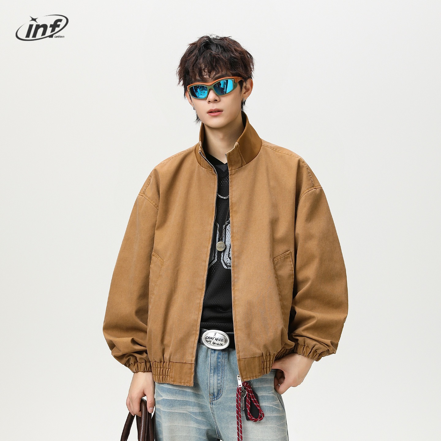 Lạm phát thương hiệu Detroit áo khoác Jacket gió 2025 mùa thu Sản phẩm Mới Mỹ sạch phù hợp với màu trơn đứng lên cổ áo Áo khoác cho nam