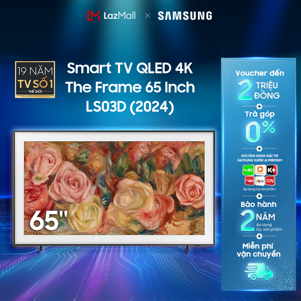 [SALE LỚN FREESHIP 200K-SLCH] Smart Tivi Samsung 65 Inch The Frame LS03D QA65LS03DAKXXV QLED 4K Chế độ tranh Art Mode Smart TV (2024)- Hàng Chính Hãng - Phân Phối Bởi Lazada - MIỄN PHÍ VẬN CHUYỂN TOÀN QUỐC
