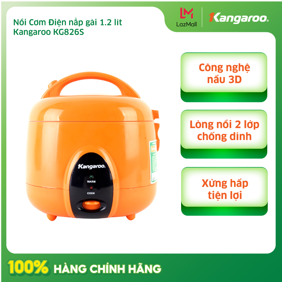 SALE - Nồi cơm điện Kangaroo 1.2 lít KG826S chính hãng-1.2 lít Số người ăn 2 - 4 người Công suất: 500 W Lòng nồi dày . bảo hành 12 tháng