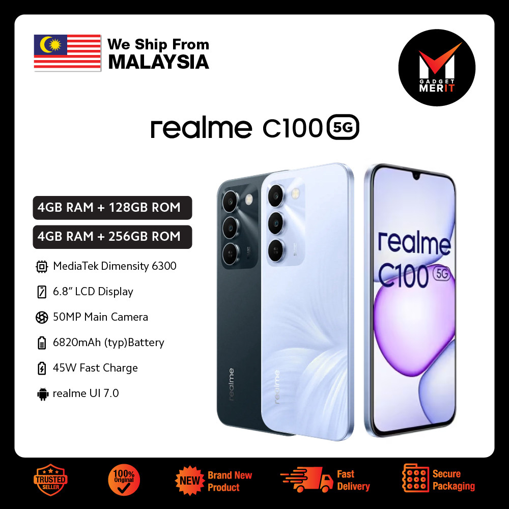 Realme C100 5G Smartphone | MediaTek Dimensity 6300 | 6.8" IPS LCD Display | Single Rear Camera 50MP