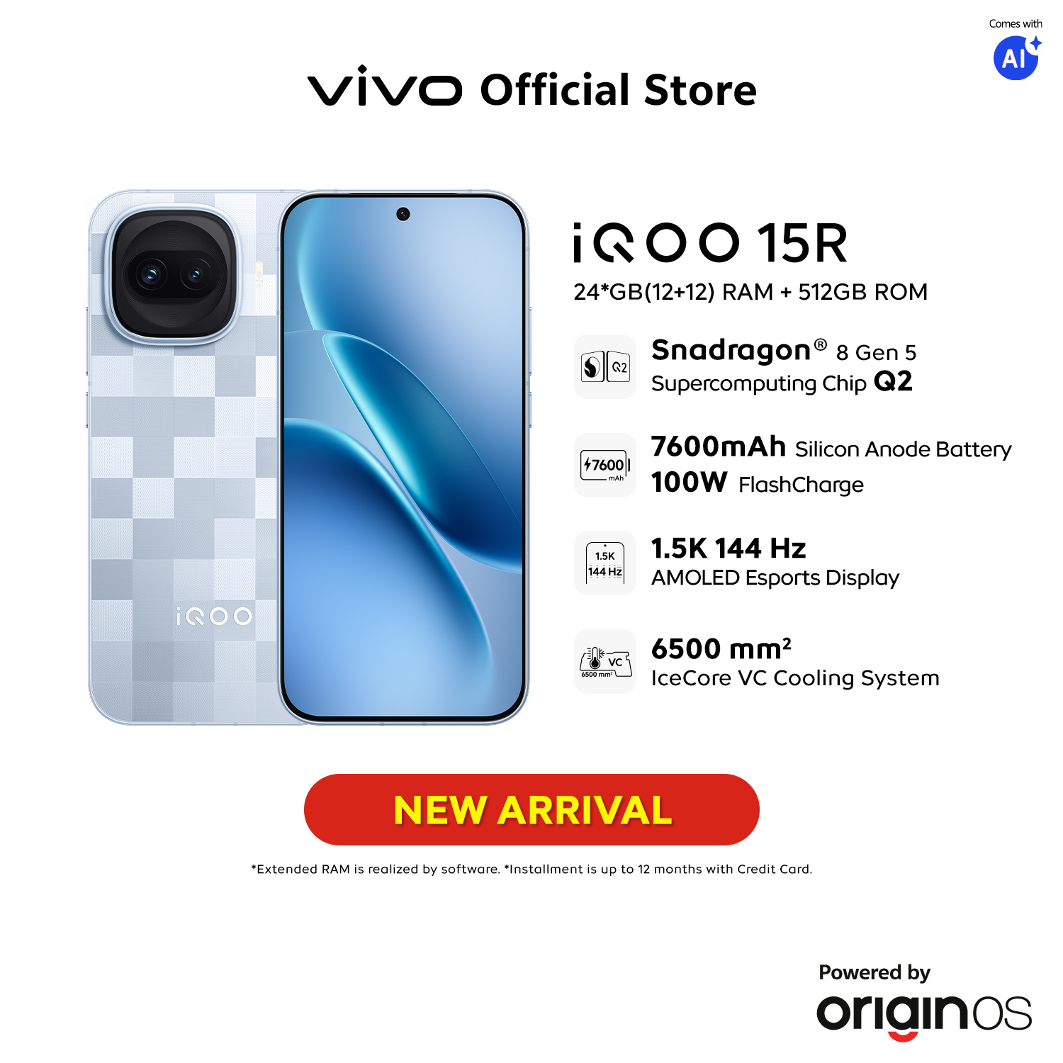 iQOO 15R 5G | 24*(12+12)GB RAM+512GB ROM | Snapdragon® 8 Gen 5 + Supercomputing Chip Q2 | 1.5k 144Hz AMOLED Display | Large 6.5k VC Colling System | 7600mAH+100w Flash Charge | IP68 & IP69 Dust Water Resistance | NFC
