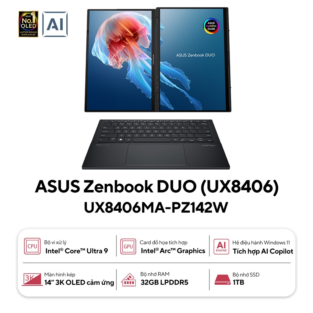 Laptop Asus ZenBook Duo OLED UX8406MA-PZ142W Core Ultra 9 185H | 32GB | 1 TB | Intel Arc | 14" 3K | Cảm ứng | Win 11 | Shopee Việt Nam