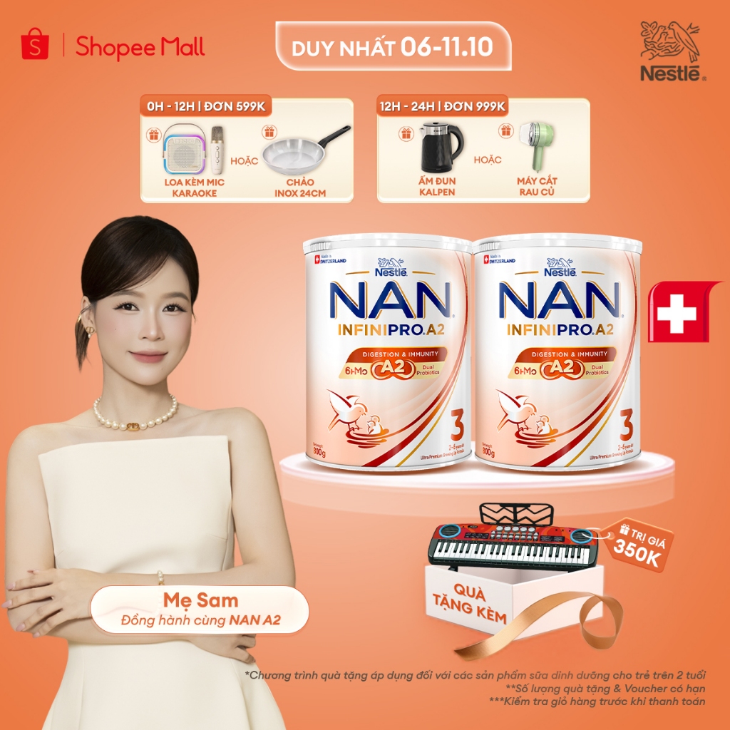 [Tặng Đồ chơi đàn organ] Bộ 2 lon Sữa bột Nestle NAN INFINIPRO A2 3 800g Cho Bé 2-6 Tuổi Có Đạm A2, 6HMO & Lợi Khuẩn Kép