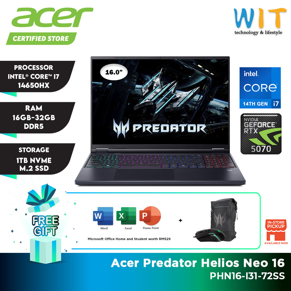 Acer Predator Helios Neo 16 PHN16-I31-72SS (Intel Core i7-14650HX/16GB-32GB RAM/1TB SSD/16" WUXGA 180Hz/RTX5070/Office/W11/2Y)