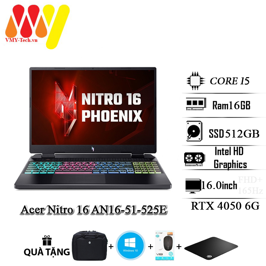Laptop Acer Nitro 16 AN16-51-525E Core i5-13500H Ram 16GB SSD 512GB RTX 4050 6GB màn hình 16inch FHD+ 165Hz Led RGB tặng kèm bộ quà tặng cao cấp