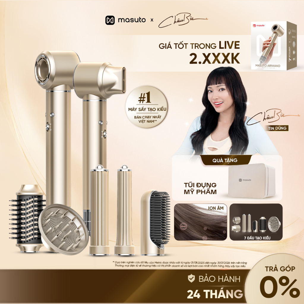 [Premium 2026] Máy Sấy Tóc Tạo Kiểu Masuto AirWand 7in1 Champagne Gold Công Nghệ Ion Shield Care