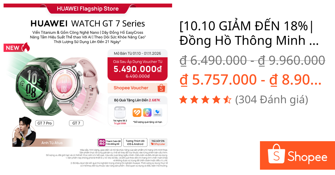 [10.10 GIẢM ĐẾN 18%| Đồng Hồ Thông Minh HUAWEI WATCH GT7 | Chăm Sóc Sức Khỏe Chuyên Sâu|Đạp Xe Nâng Cao|Pin Đến 21 Ngày | Shopee Việt Nam
