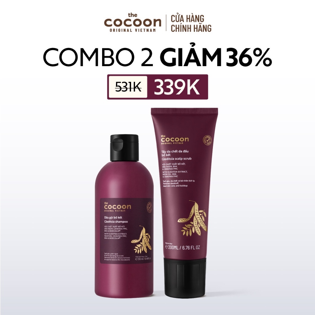 [MUA 2 GIẢM 37%] Combo Dầu gội bồ kết 310ml & Tẩy da chết da đầu bồ kết Cocoon 200ml