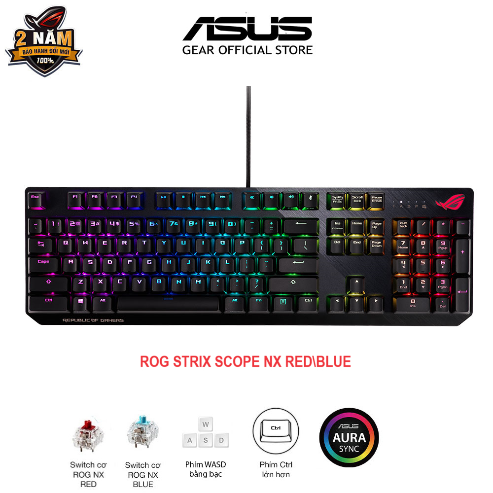 Bàn phím cơ gaming ASUS ROG STRIX SCOPE, ROG NX Switch độc quyền RED\BLUE, vỏ nhôm, đệm tay công thái học, Aura Sync | Shopee Việt Nam