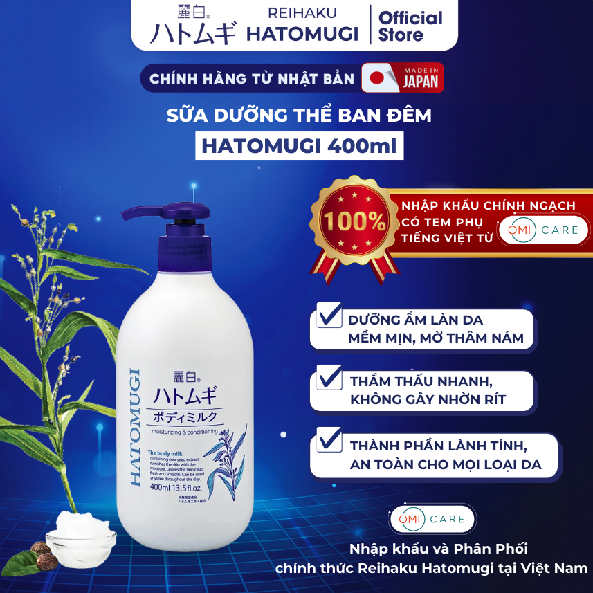 Sữa Dưỡng Thể Làm Sáng Da Ban Đêm 400ml Chiết xuất Ý Dĩ Nhật Bản Reihaku Hatomugi The Body Milk