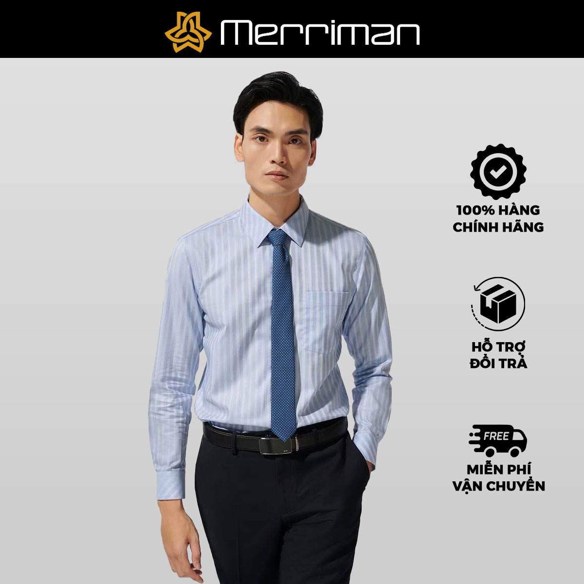 MERRIMAN SALE - Áo Sơ Mi MERRIMAN Tay Dài Màu Xanh Dương Họa Tiết Sọc Dọc Form Slim Fit Lai Bầu