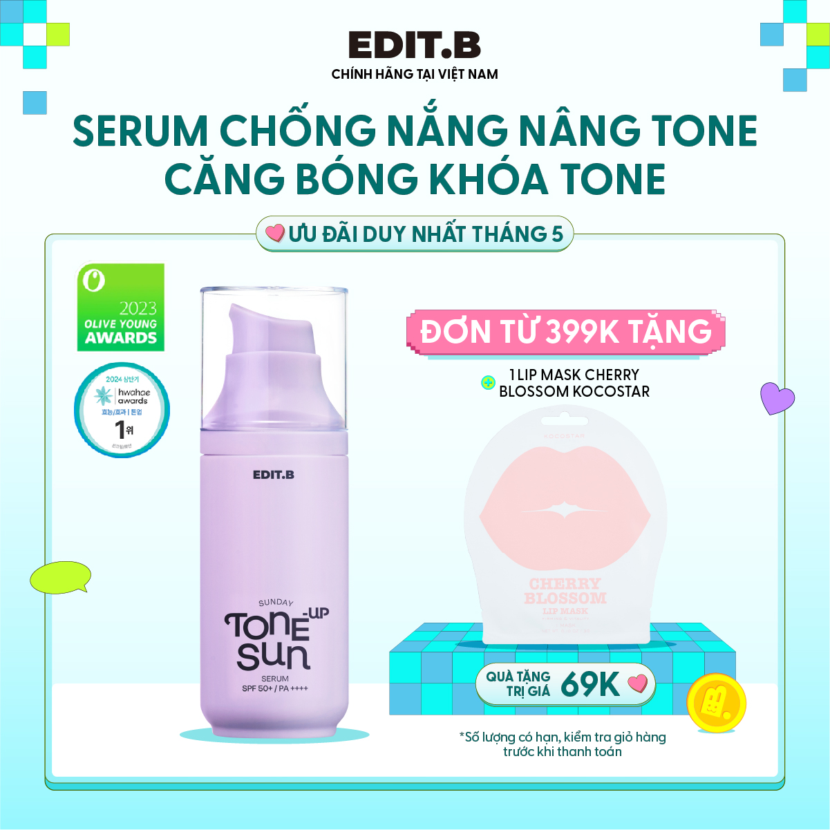 Kem Chống Nắng Nâng Tone Triệt Sắc Edit.B Sunday Tone-Up Sun Serum SPF50+/PA++++55ml
