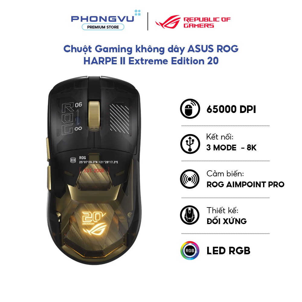 Chuột Gaming Không Dây ASUS ROG Harpe II Extreme Edition 20 - 65000 DPI - 8000Hz - 5 Nút Bấm - Bảo Hành 24 Tháng | Shopee Việt Nam