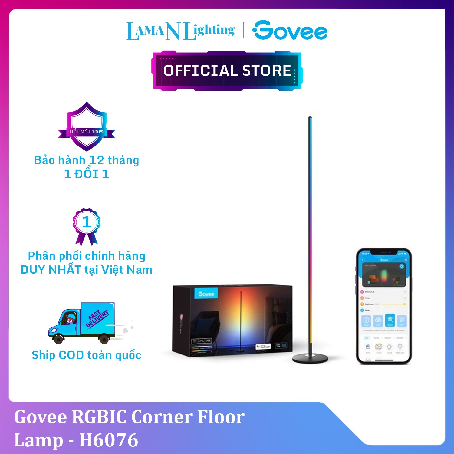 Đèn LED trang trí góc tường Govee RGBIC Corner Floor Lamp H6076 | Thiết kế tối giản kết nối thông minh 16 triệu màu RGBIC | Hàng chính hãng