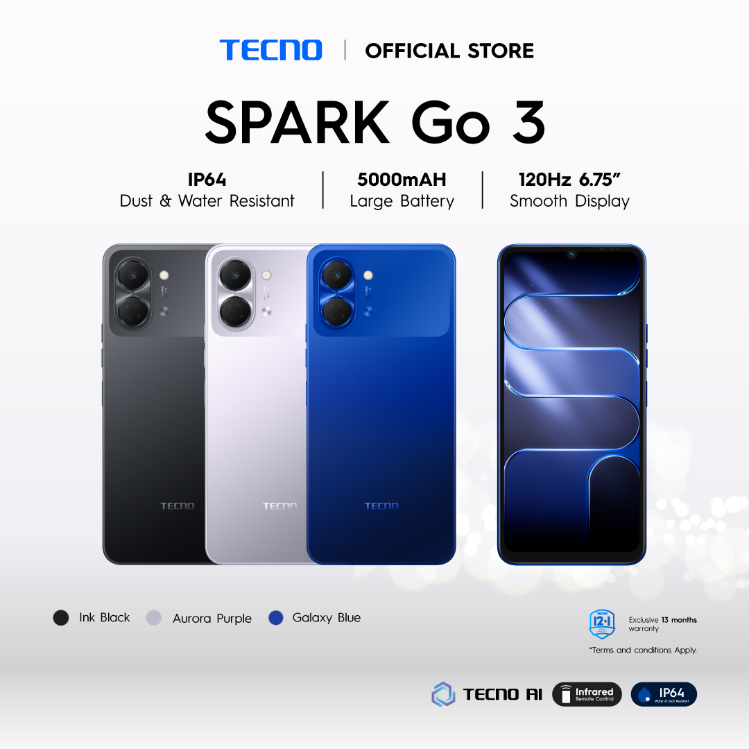TECNO SPARK Go 3 Smartphone (8GB* + 64GB) IP 64 / Large Battery 5000 mAh / Fast Charge 15W / / 120 Hz 6.75" / Dust & Water Resistant