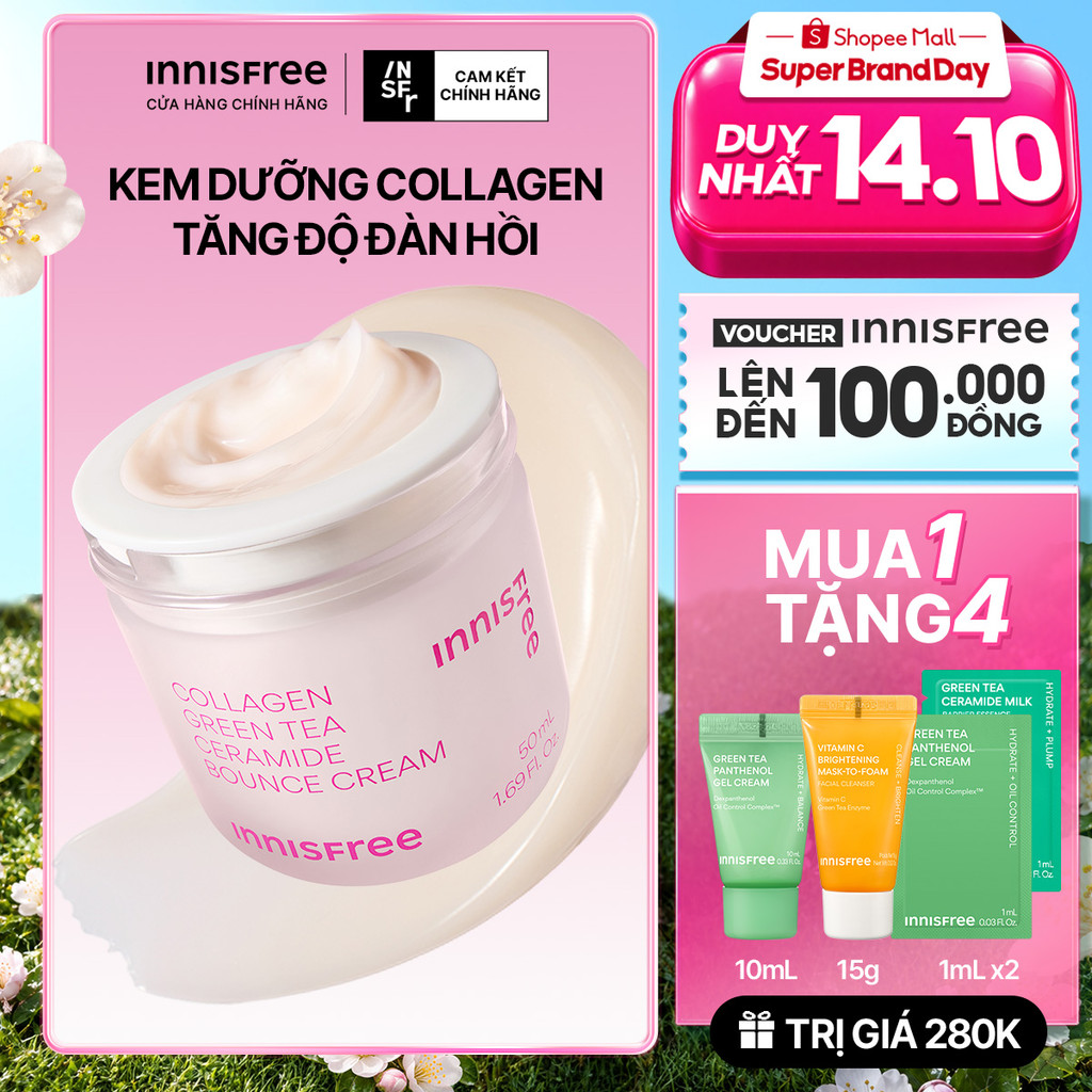 Kem dưỡng giúp làm mờ các dấu hiệu lão hóa trên da INNISFREE Collagen Green Tea Ceramide Bounce Cream 50mL