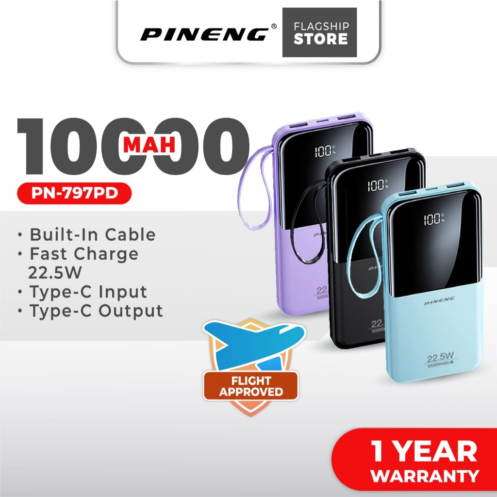 Pineng PN-797PD/PN-798PD/PN-799PD 22.5W Fast Charge Built-in Dual Cable Portable Pineng Powerbank - 1 Year Warranty