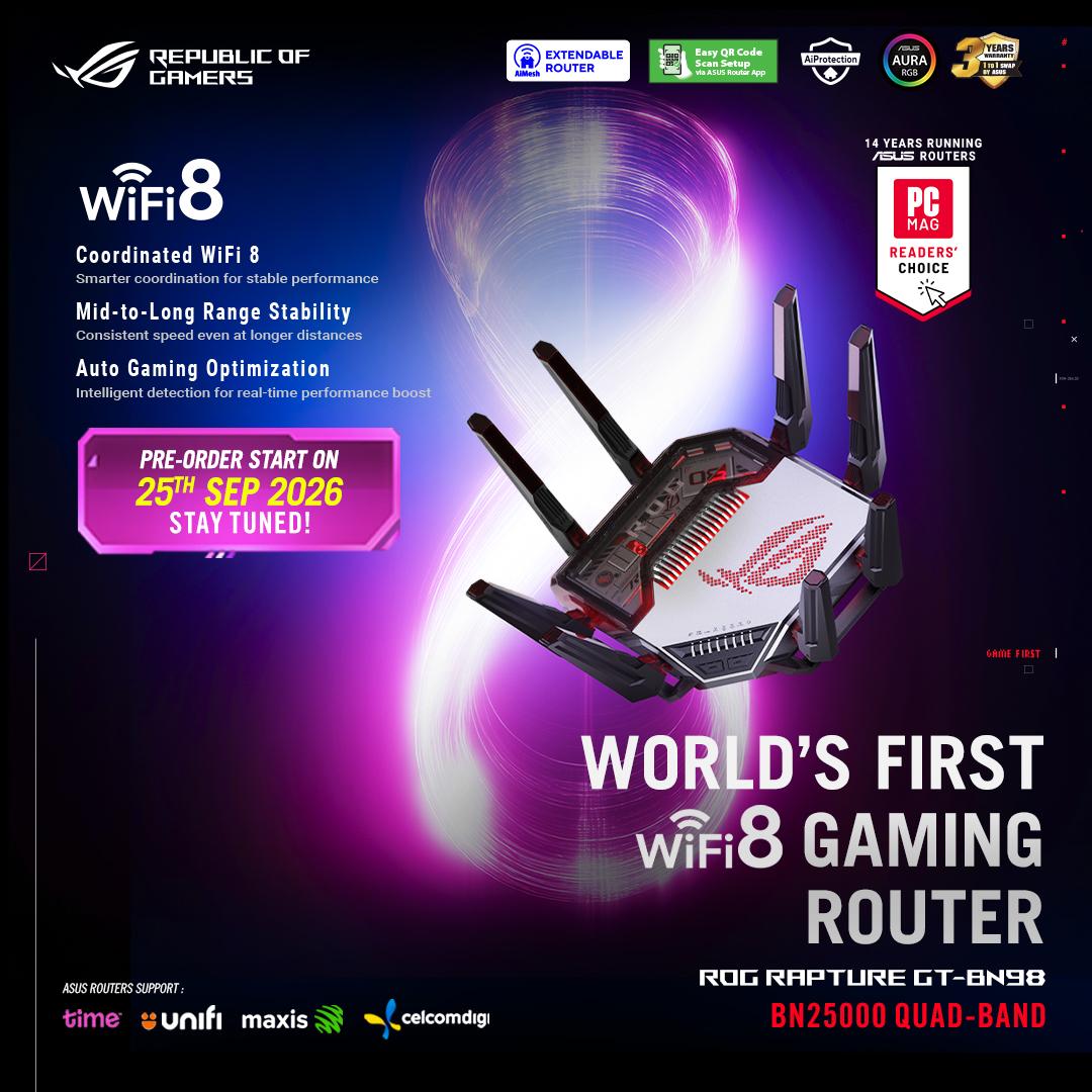 ASUS ROG Rapture GT-BN98 WiFi 8 Quad-Band Gaming Router 25Gbps Dual 10G Ports Support Unifi Maxis CelcomDigi U Mobile Yes 5G 3 Years Warranty