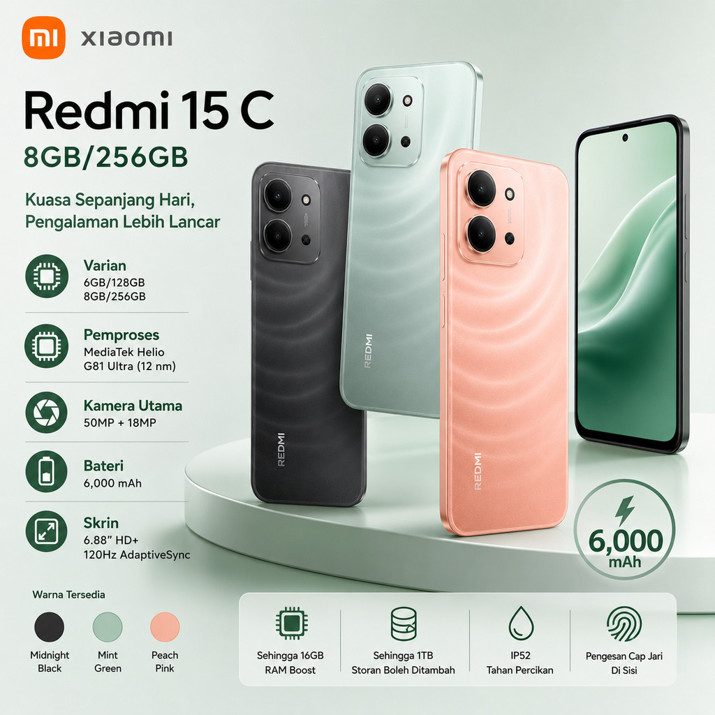 Xiaomi Redmi 15C 8GB+256GB Smartphone Panoramic 6.9" Game Display 50MP HD AI Cam 33W Rapid Charge