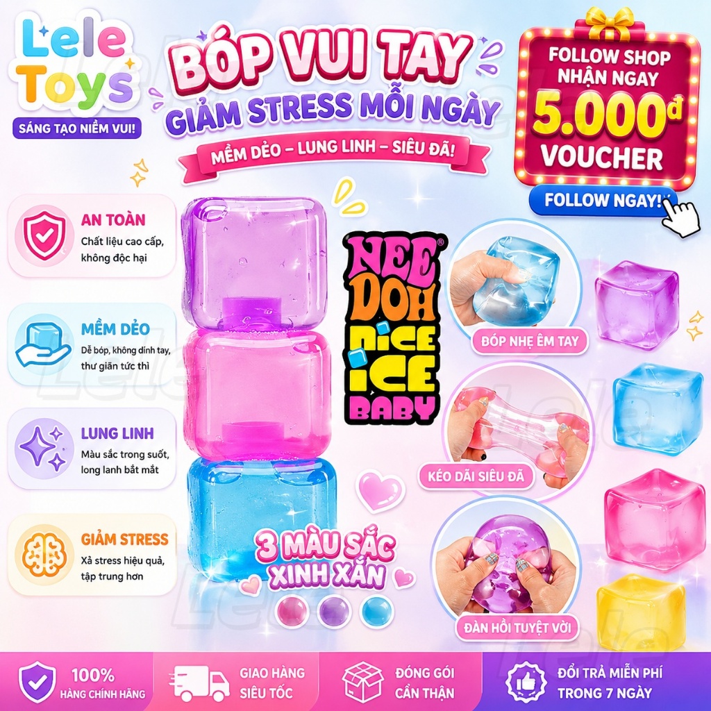 ❄️NeeDoh Nice Cube Squishy – Stress Ball Fidget Toy Siêu Rắn, Bóng Bóp Tăng Chậm Ice Baby