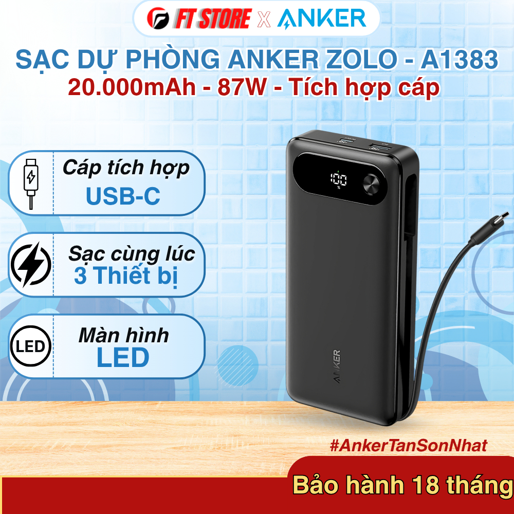 Pin dự phòng Anker A1383 20000mAh tích hợp cáp Type C công suất 87W dành cho điện thoại, laptop 65W - Chính hãng
