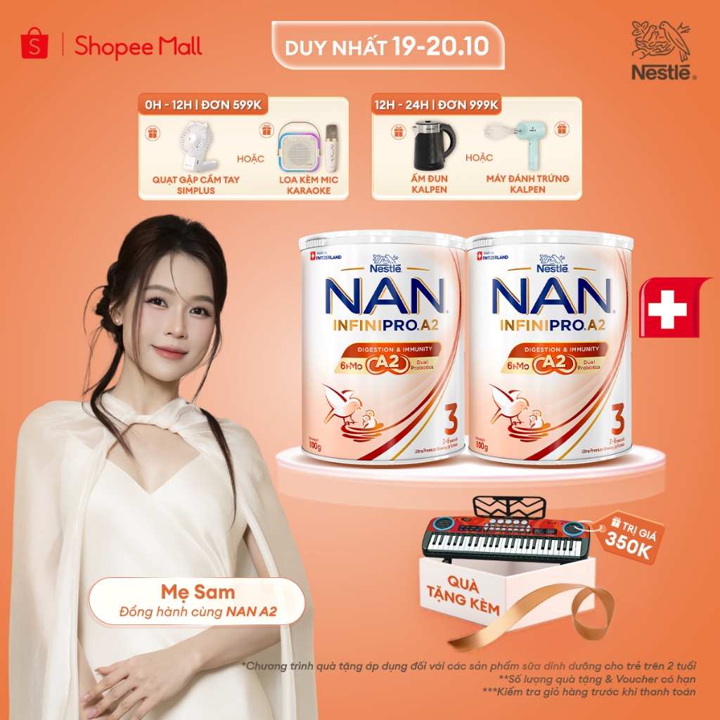 [Tặng Đồ chơi đàn organ] Bộ 2 lon Sữa bột Nestle NAN INFINIPRO A2 3 800g Cho Bé 2-6 Tuổi Có Đạm A2, 6HMO & Lợi Khuẩn Kép