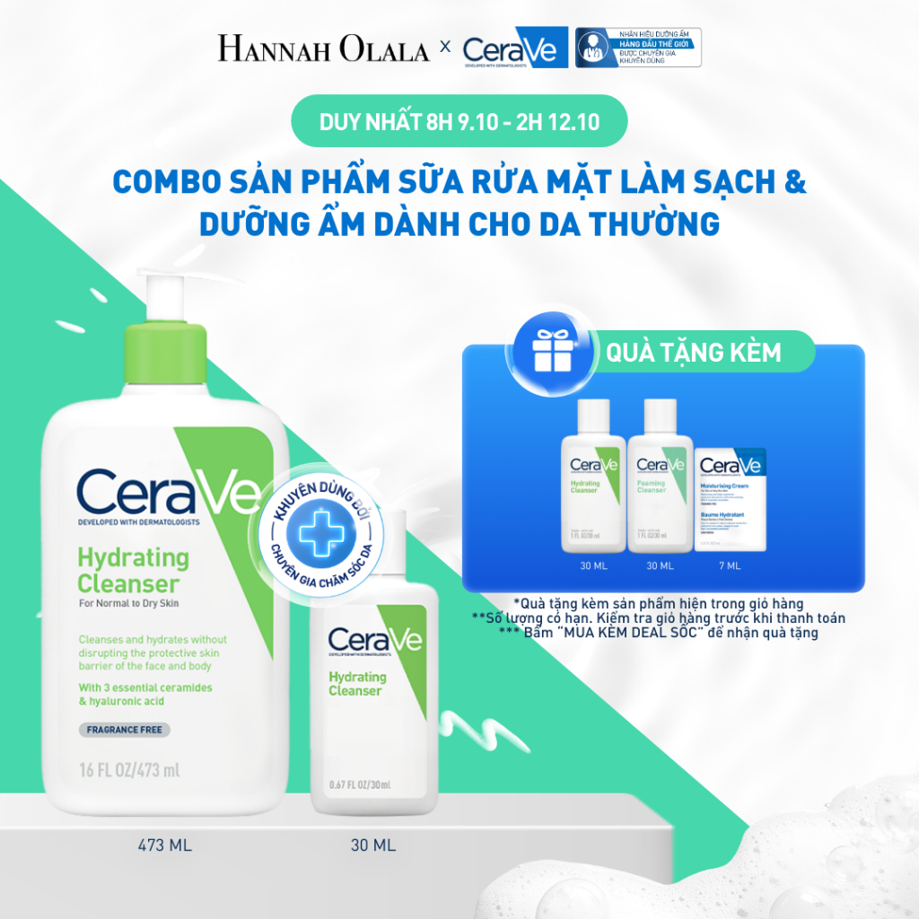 [HO] Bộ sản phẩm sữa rửa mặt CeraVe làm sạch & dưỡng ẩm dành cho da thường Hydrating Cleanser