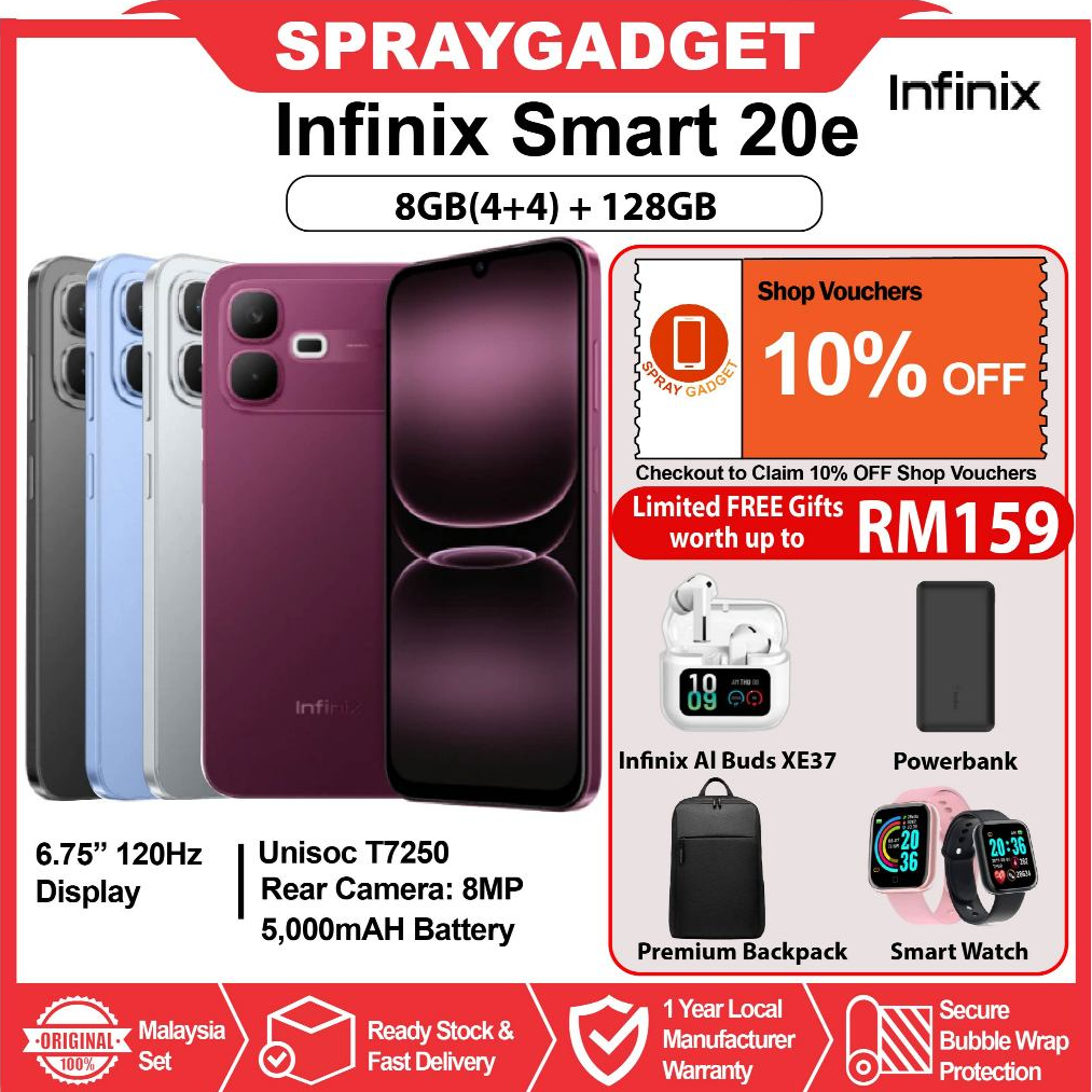 [NEW] Infinix Smart 20e (8GB*(4+4)RAM + 128GB ROM) NFC Touch Transfer l IP64 Water Resistance l  200% Volume Boost