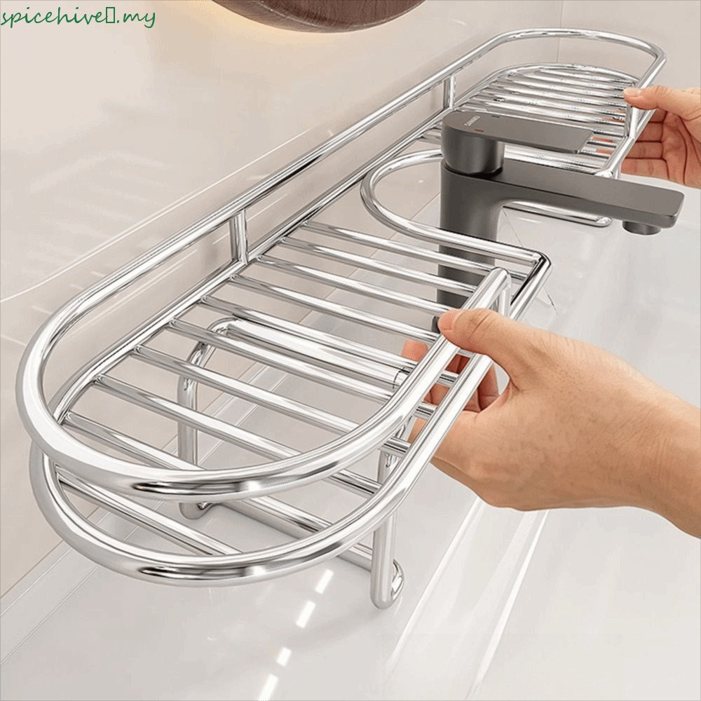 SPICEHIVE Faucet Storage Rack, No-Drill Stainless Steel Sink Shelf, Multifunctional Foldable Foot Hollow Out Easy Drain Kitchen Sponge Holder Washbasin