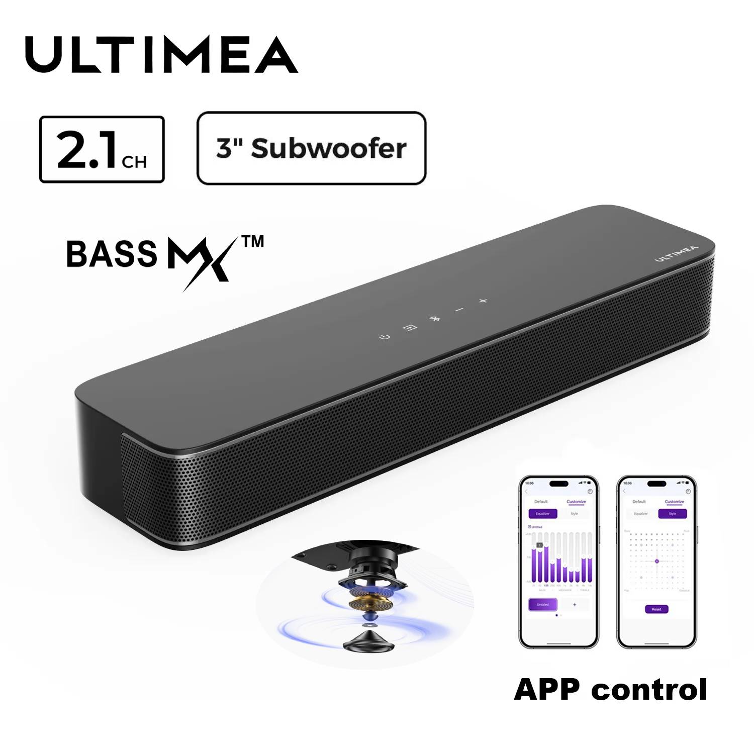 ULTIMEA 2.1ch Soundbar for TV 3‘’ Built-in Subwoofer 132W Peak Power App Control All-in-one TV and PC Soundbar Poseidon M20 Pro