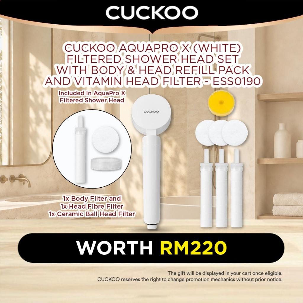 CUCKOO AquaPro X Filtered Shower Head Set (White) with Body & Head Refill Pack and Vitamin Head Filter-ESS0190