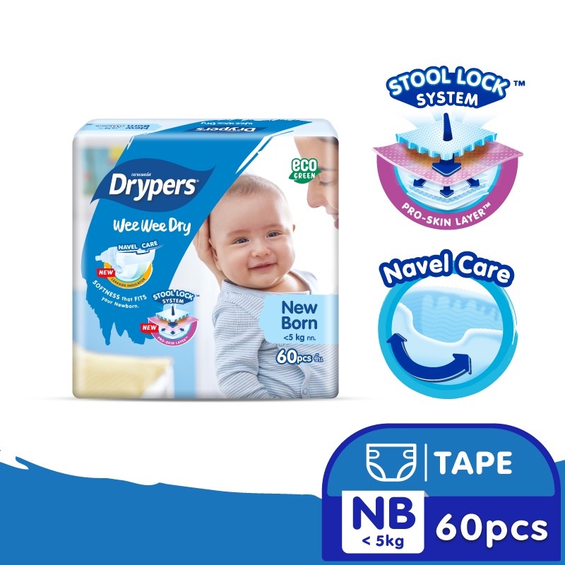 Drypers Wee Wee Dry Newborn 60pcs Disposable Diapers Lampin Pakain Buang Lampin Budak Lampin Bayi baru Lahir