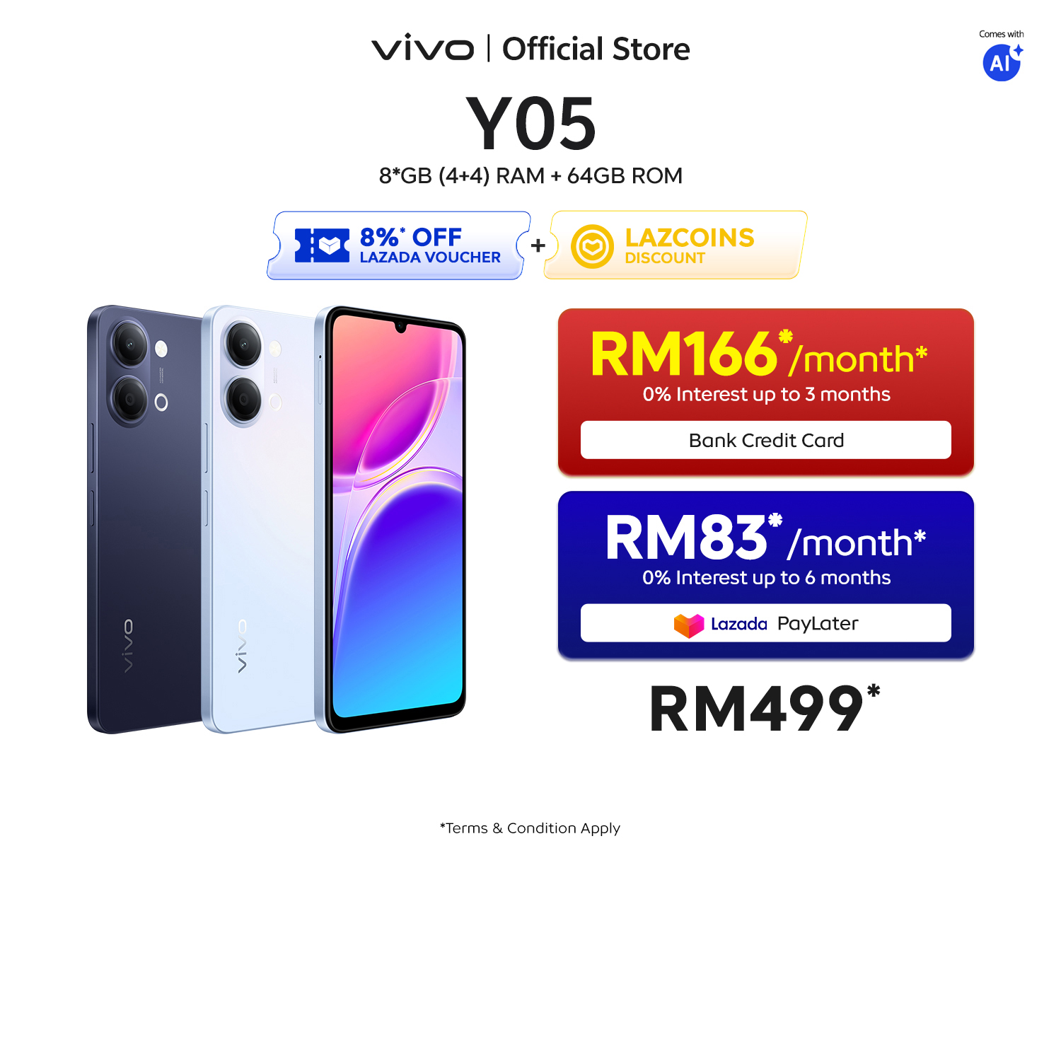 NEW ARRIVAL | vivo Y05 4G | 8*(4+4)GB RAM + 64/128GB ROM | OriginOS 6.0 | 6500 mAH | 2 nano SIMs + 1 microSD | Type C USB Port | Camera Front 5 MP Rear 8 MP