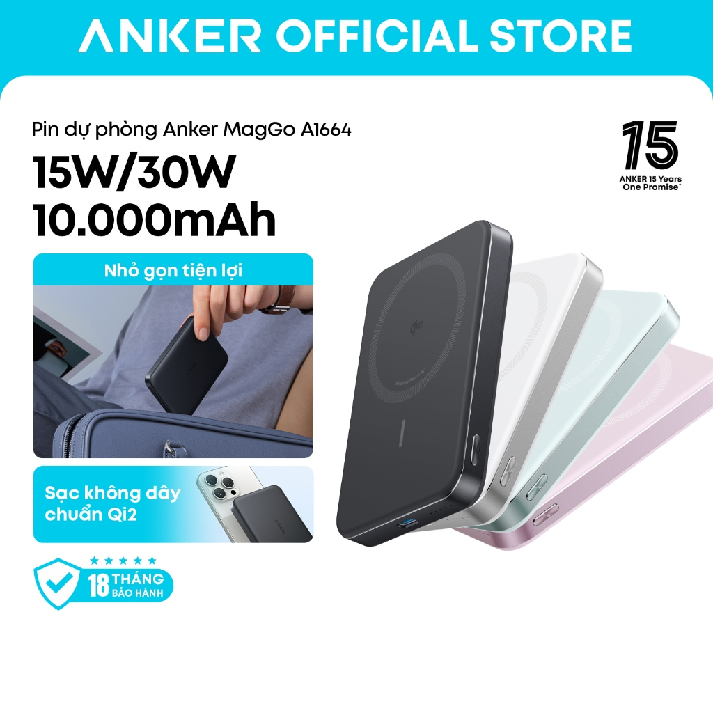 Sạc dự phòng không dây Anker MagGo A1664 10000mAh chuẩn Qi2 siêu mỏng nhẹ, sạc nhanh 15W