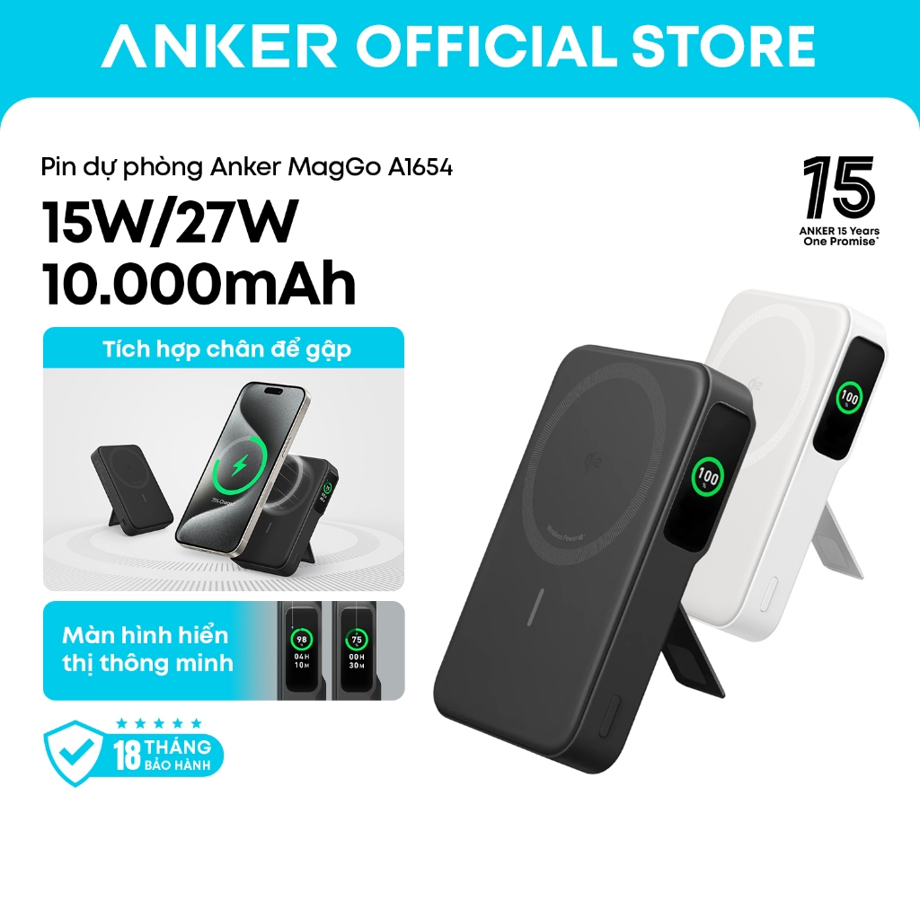 Sạc dự phòng không dây Anker MagGo A1654 10000mAh chuẩn Qi2, sạc nhanh 15W, tích hợp màn hình thông minh