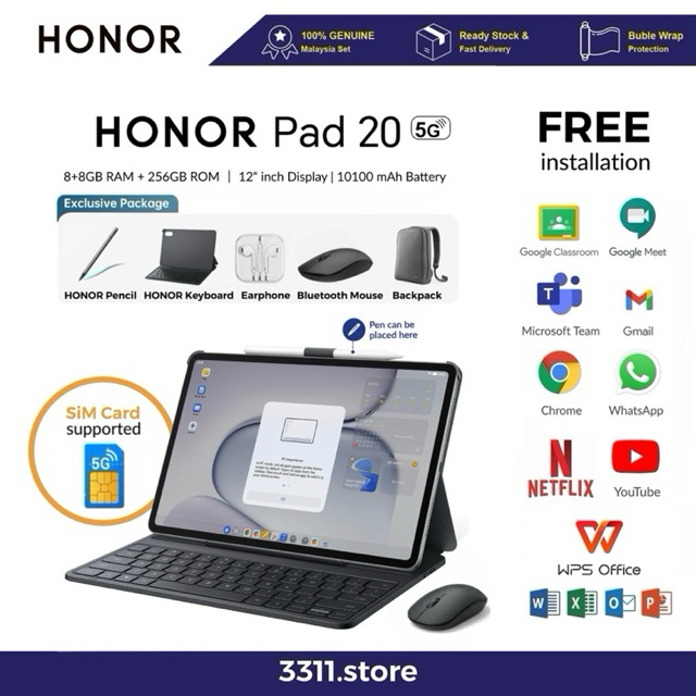 Pad 20 WiFi | Pad 20 5G support sim tablet boleh call | sesuai kerja office online study Pad 20 Official Honor Malaysia