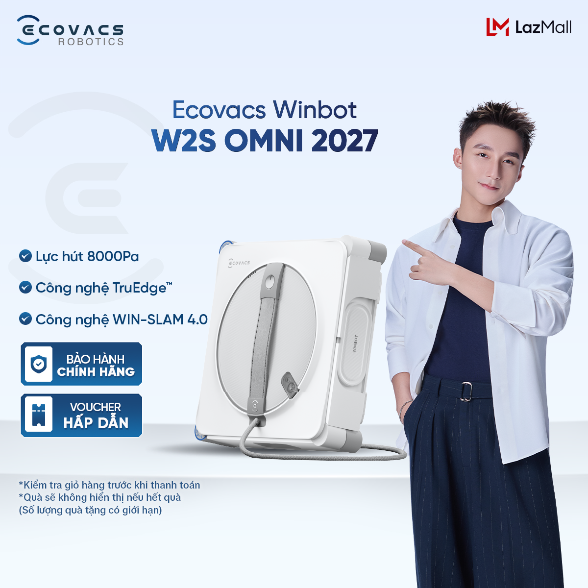 Robot lau kính Ecovacs Winbot W2S Omni 2027 - Trạm đa năng - Chống rơi an toàn